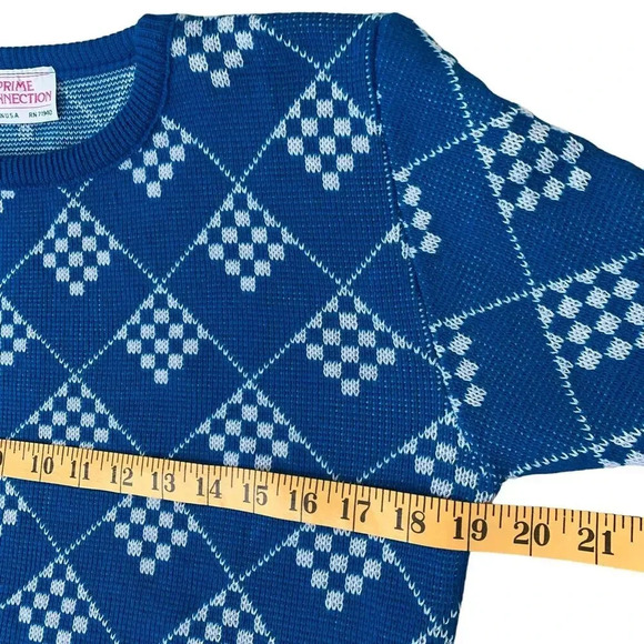 Prime Connection Vintage 80s Geometric Crewneck Knit Sweater Size M Blue White - Picture 10 of 16